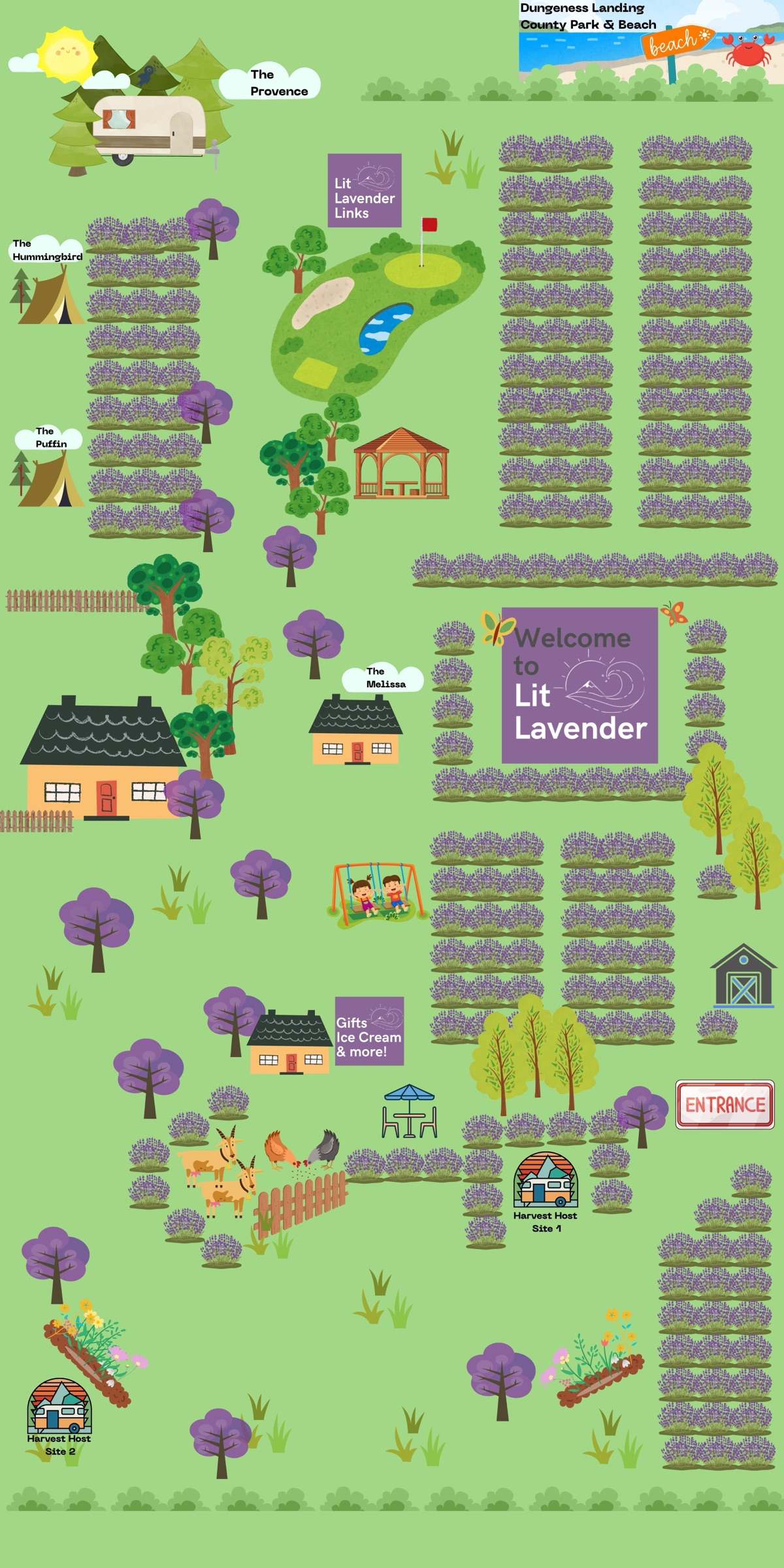 Illustrated map of Lit Lavender farm showing all attractions and areas