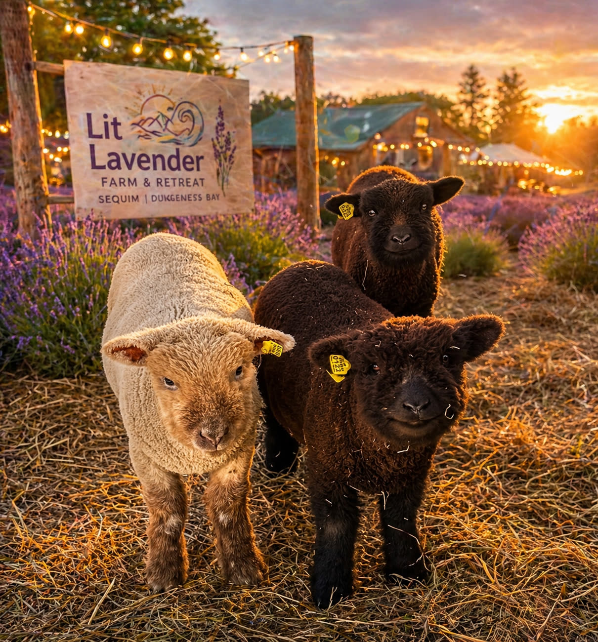 Three young Southdown babydoll sheep at Lit Lavender — Socks, Wooliam, and Sweaters standing together on hay